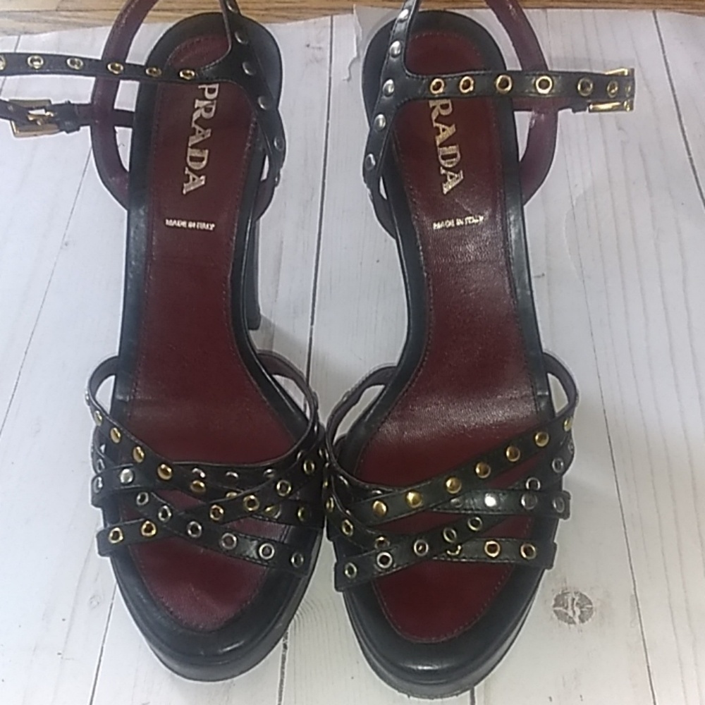 Prada black strappy rivet platform heels - Picture 2 of 8